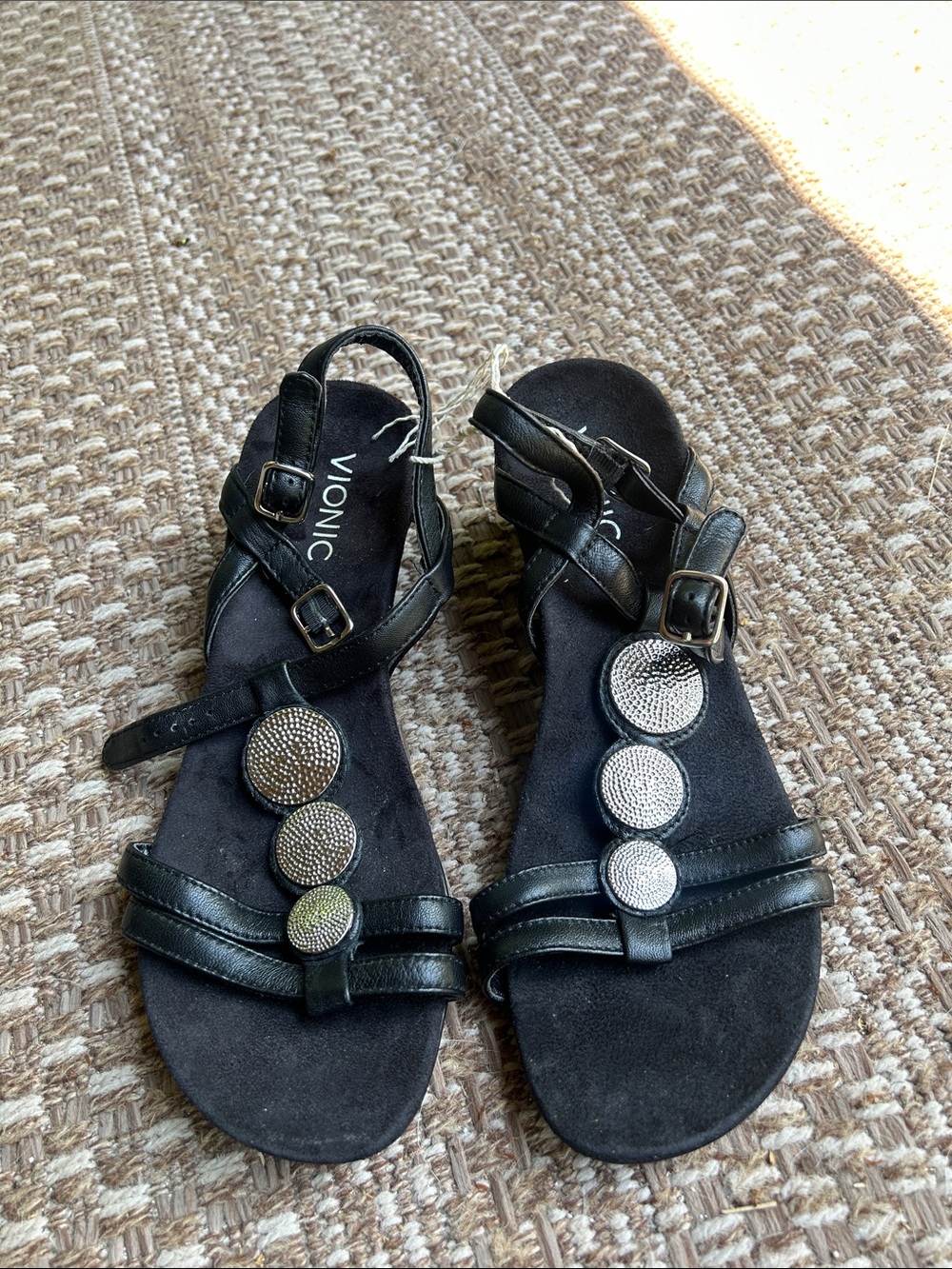Vionic Black Women's Strappy Sandals with Metallic Disc Accents